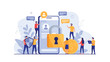 © Power Clipart - Team of cybersecurity professionals securing a giant mobile smartphone with a large yellow padlock and shield for data privacy protection tasks.
