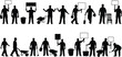 © Shahariar's World - Construction and maintenance worker silhouettes holding tools, wheelbarrow and protest signs isolated on white background for labor union, renovation and workforce concept themes