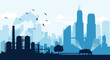 © Lamiya - Detailed industrial cityscape silhouette showing a factory with smoking chimneys and a modern city skyline in blue tones.