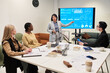© pressmaster - Two Caucasian women, Black woman sitting at conference table listening to Hispanic woman presenting business data on large screen in office meeting