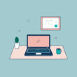© farjana - Vector illustration of a laptop on a desk with a plant and coffee cup