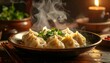 © fatma wati - Steaming Dumplings with Fresh Herbs Garnish.