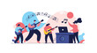 © Rahat - Musical band performing with three guitarists and a DJ at a mixing console with floating musical notes and abstract shapes.