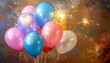 © wanna - A vibrant bunch of colorful helium balloons floats across a clear sky background, creating a happy birthday celebration scene perfect for a festive party surprise or anniversary decoration