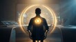 © I'm_coming - Man sitting at desk with glowing orange circle around back, futuristic office, data visualization, AI, technology, digital interface