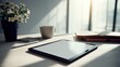 © jiratip - An inviting workspace set up on a wooden desk, complete with a tablet, flowers, and a mug bathed in natural light. The desk is arranged with items for a modern and productive feel.