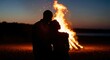 © zui - Silhouette of romantic couple embracing in front of a bonfire at sunset creating a memorable warm