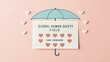 © amir - Global human safety field concept with umbrella and hearts, caring message on pink pastel background