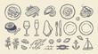 © KN collection - A detailed hand-drawn illustration of a seafood feast, featuring various dishes, oysters, scallops, shrimp, caviar, wine glasses, and nautical elements like an anchor and sailboat.