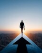 © Yuparet - Businessman Walking on a Towering Arrow Towards a Bright Future, Symbolizing Goal Setting and Strategic Success in a Vertical Landscape at Sunset