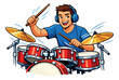 © iVGraphic - Cartoon illustration of a happy young man depicting playing drums with headphones for music and performance
