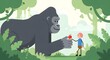 © Corex - Friendly grey gorilla offers red apple to small human in lush green cartoon jungle