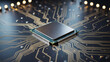 © Muhammad - Close up view of a microchip cpu on a circuit board showing gold connections and digital hardware technology
