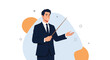© FarzanaAkter - Professional man in a dark suit holding a wooden pointer stick and gesturing towards a background of soft blue and orange abstract shapes.