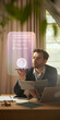 © Lustre Art Group  - Man using voice command to manage smart home settings. Concept of voice activated lighting control, heating adjustment and door lock status monitoring through connected home platform.