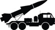 © Shahajan - Military missile launcher truck silhouette, mobile rocket system vehicle illustration, defense artillery transport graphic, black and white army weapon carrier, isolated tactical warfare design