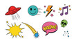 © azizunnahar - Colorful Comic Elements: A vibrant collection of pop art symbols, including a UFO, winking emoji, lightning bolt, musical note, star, explosion, shooting star, speech bubble and skull.