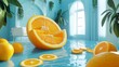 © COK House - A surreal room with floating oranges in a flooded space illustrates the climate crisis and is suitable for atmospheric backgrounds in social campaigns about ecology.