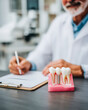 © Petr - Dentist reviewing dental implant treatment plan with model at bright modern clinic desk