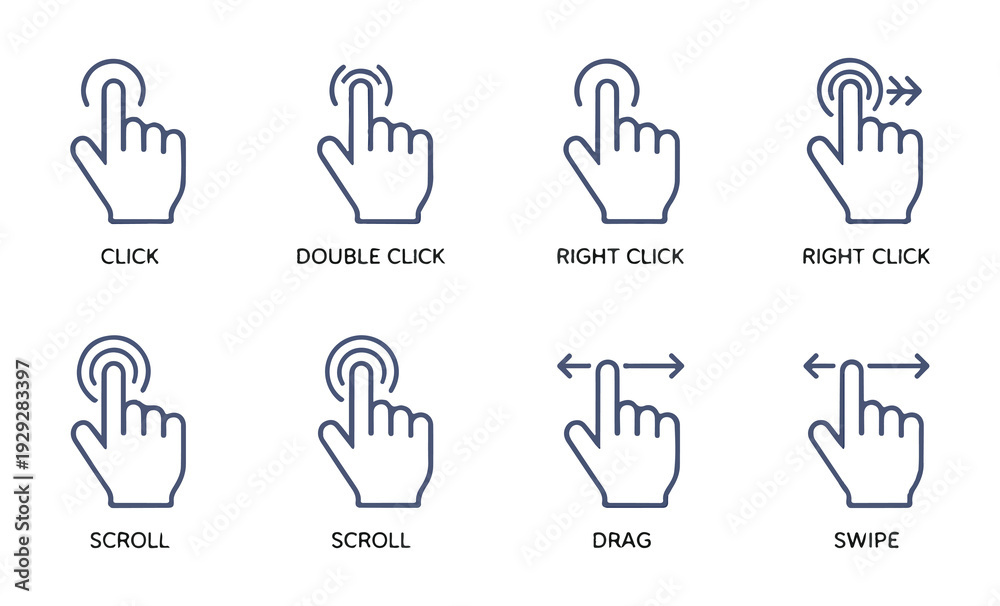 Collection of outline hand gestures and mouse cursors depicting common ...
