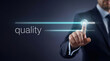 © hridoy1431 - Quality control slider interface, Businessman pressing quality button, Quality assurance management concept, Customer satisfaction quality check