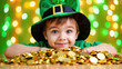 © olgakris - Child leprechaun with gold coins on green bokeh, shamrock hat, pot of gold motif, irish portrait, four leaf clover costume, luck charm scene, parade festivities, smiling face, sparkle, cheer
