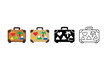 © Alex - Four suitcase icons showing travel stickers in pixel, flat, silhouette, and outline styles, illustrating luggage design evolution on a white background