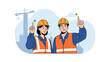 © Ratul - Male and female construction workers in safety gear and helmets point up with smiles in front of a building site crane.