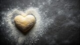 Heart-shaped dough resting on a dark surface, sprinkled with flour, a culinary scene of love and baking