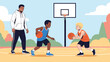 © Darwin - Athletic coach watches over two young boys as they practice their dribbling skills on a sunny outdoor basketball court.