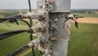 © Justlight - Closeup of cable connections on a rural tower inspected by drone with green farmland gently blurred in the background emphasizing technical precision.