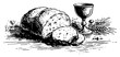 © Amelia - Biblical style engraving showing sliced communion bread chalice and wheat stalks