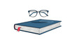 © James - Pair of stylish reading glasses floating above a thick hardcover blue book with a red bookmark, symbolizing education and knowledge.