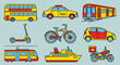 © 张锋 - Colorful public transportation and vehicle icons set including bus taxi train scooter bicycle car tram ship and motorcycle in flat style