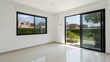 © Designer - Modern living room with large windows and outdoor garden view