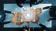 © InfiniteFlow - A top-down view of a business team engaging in strategic planning. Gears symbolize collaboration in technology and data protection, highlighting teamwork and innovation. Raster