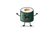© RafaelC - Cheerful cartoon sushi roll character with a big happy smile and arms raised in excitement standing on a plain white background.