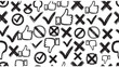 © Samra - Hand-drawn seamless pattern of checkmarks, crosses, thumbs up, and thumbs down. Ideal for illustrating concepts of feedback, choices, agreement, and disagreement