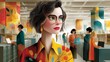 © silver bug - A confident woman in glasses stands foregrounded amid a bustling, paper-laden office. The colorful, illustrated scene celebrates knowledge, diversity, and contemporary learning.