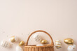 © ActionGP - Happy Easter celebration and greeting featuring white and gold decorated eggs in a wicker basket with confetti for a festive and elegant seasonal decoration