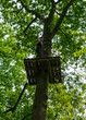 © Stefanie - Happy woman celebrating success on high ropes course platform