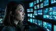 © dark knight - A woman observing multiple video feeds on numerous monitors in a dimly lit control room.