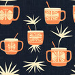 © rielstarling - Award winning pattern Retro tiki lounge theme with atomicstyle tropical elements stylized tiki mugs palm fronds and bold sunbursts in Burnt Orange and Denim Blue
