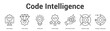 © AGE - Code Intelligence web banner icon set vector illustration concept for business with icon of Code Analysis, Value Coding, Verified Idea, Feature Quality, Performance Growth, Operation Target, Strate.