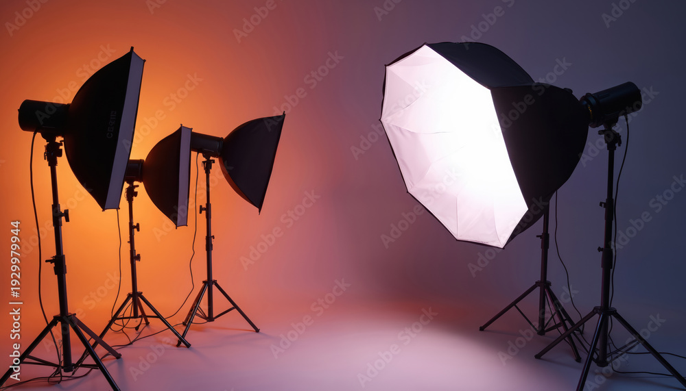 Pro studio lighting equipment including softboxes and strobes are set ...
