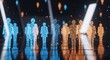 © Artfinity - Crowded group of glowing digital human figures in a dark room. Big data analytics and demographic social network. Virtual crowd representing population and human resource management