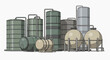 © Jes - Industrial storage tanks and barrels arranged in a facility, showcasing various containers for liquids or gases, viewed from the front.
