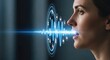 © M - A fashionable young businesswoman with headphones looks at a digital interface, touching a futuristic mirror to communicate via a high-tech internet network