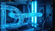 © Vadym - Computer internal system with custom liquid cooling loop. Clear tubes carry blue fluid, showing intricate plumbing, hardware integration. Future tech in PC build, glowing neon effect, vibrant