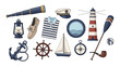 © Marufa - Nautical collection of marine items including a lighthouse and anchor and telescope and sailboat and compass on a white background.